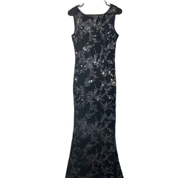 Eliza J Navy Blue & Silver Sequin Floral Velvet Sleeveless Gown Women Sz 6 - Picture 1 of 13